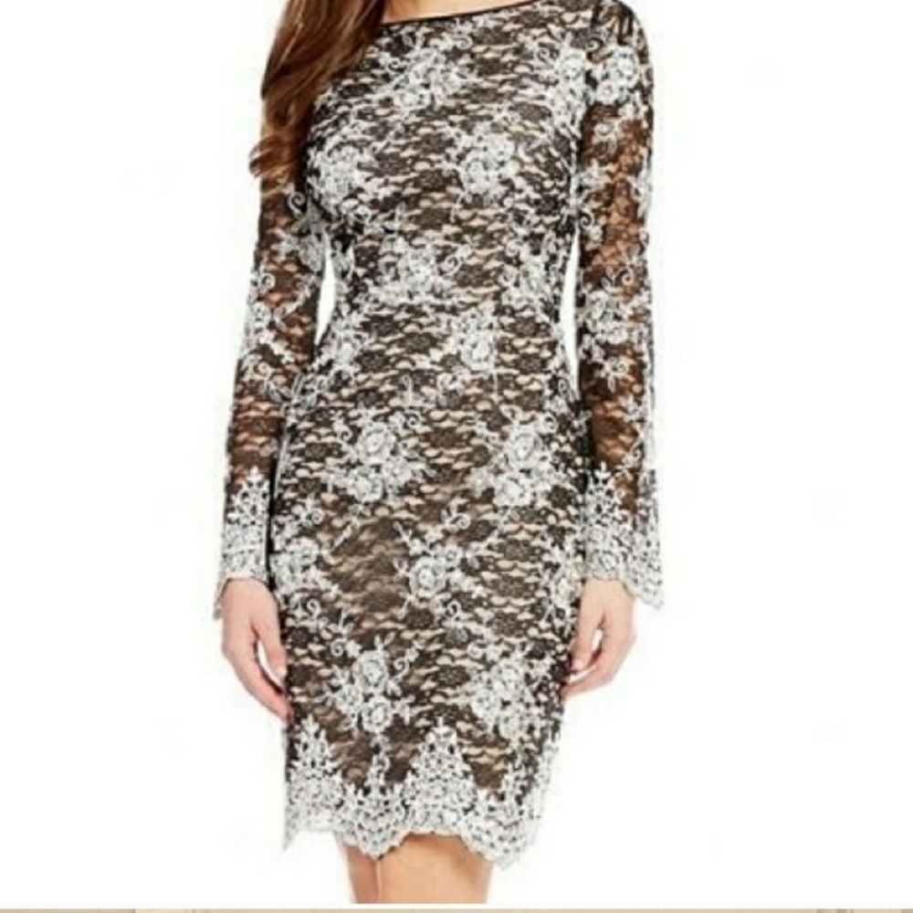 ANTONIO MELANI NWT Holly Floral Lace Dress 14 Black White Long Sleeves Classic - Picture 2 of 16